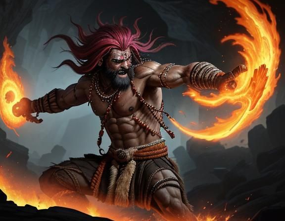 Fiery Guru Versus Barbarians in Ancient Cave