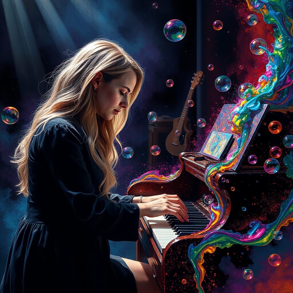 Woman Creates Bubbles with Organ in Hyperrealistic Style