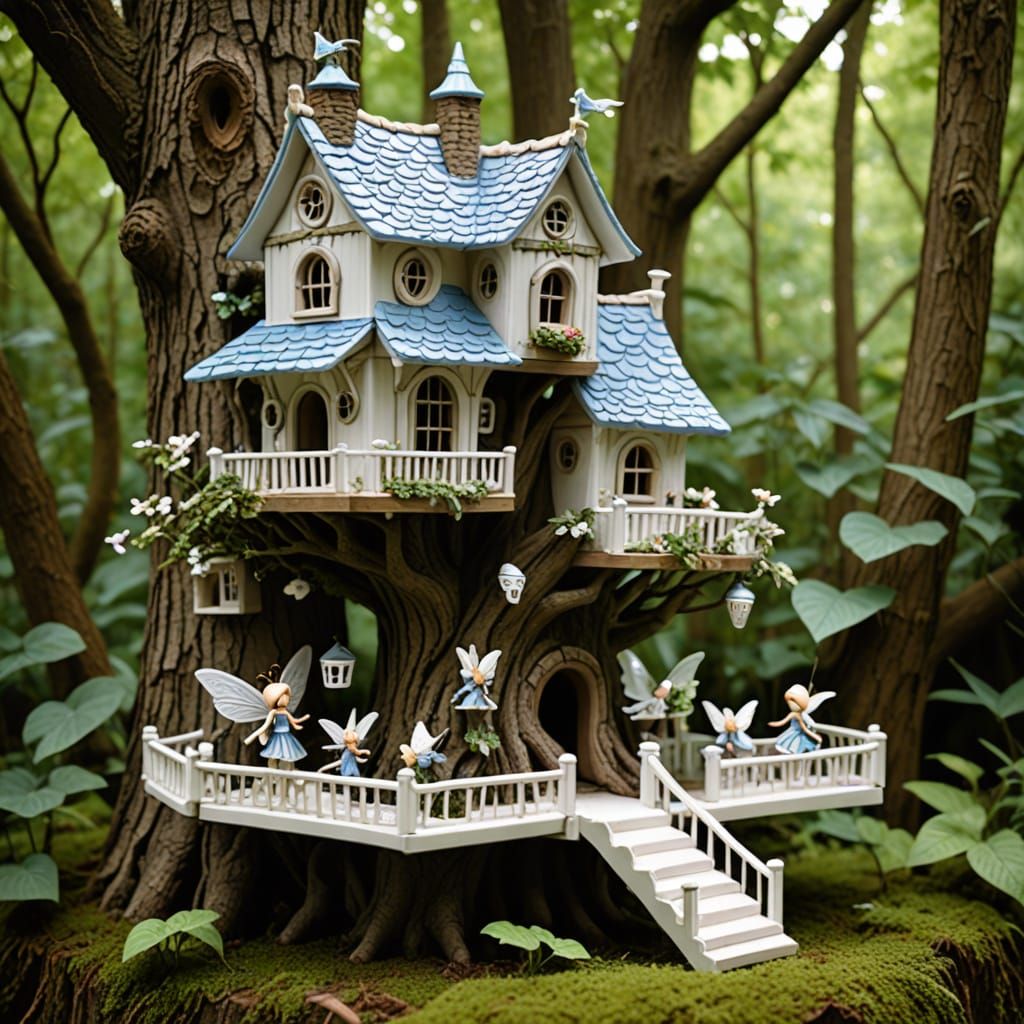 Porcelain Fairies Constructing a Whimsical Treehouse