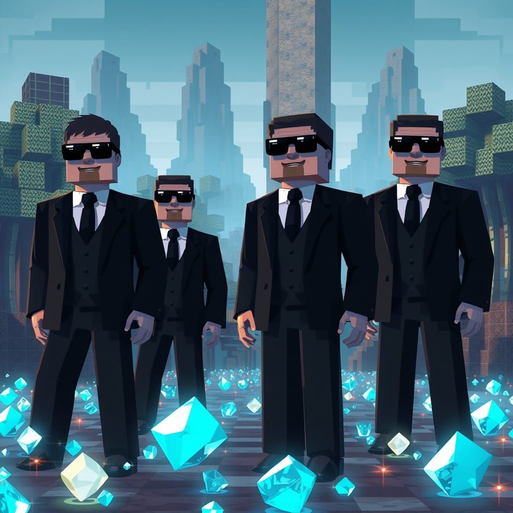 Men in Black in a Futuristic Minecraft Landscape
