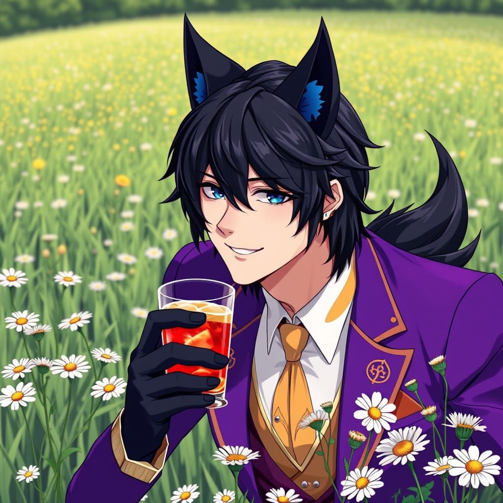Anime-Inspired Gentleman in a Field of Wildflowers