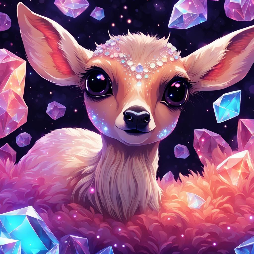 Neon Celestial Fawn Laying in Crystals