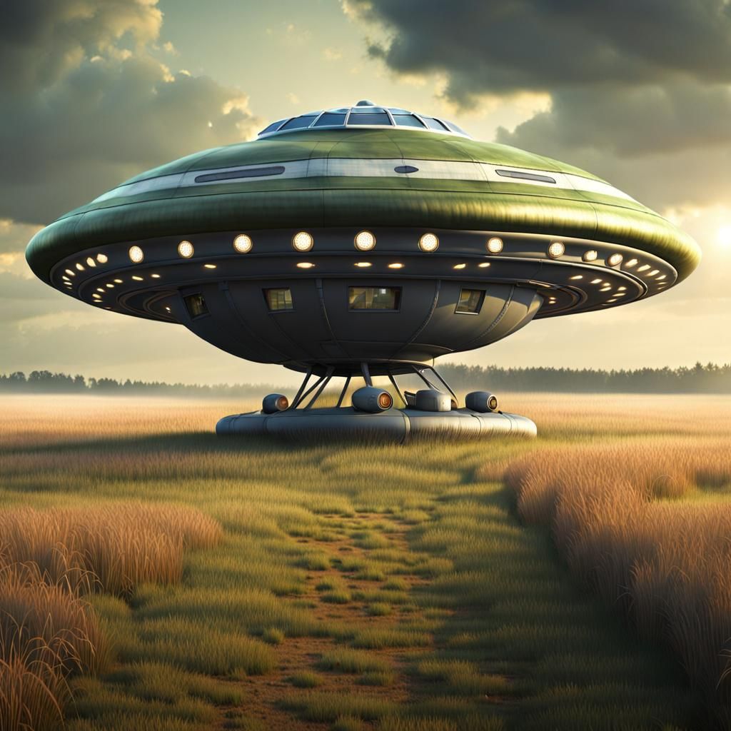 Photorealistic Vintage UFO Lands in Field