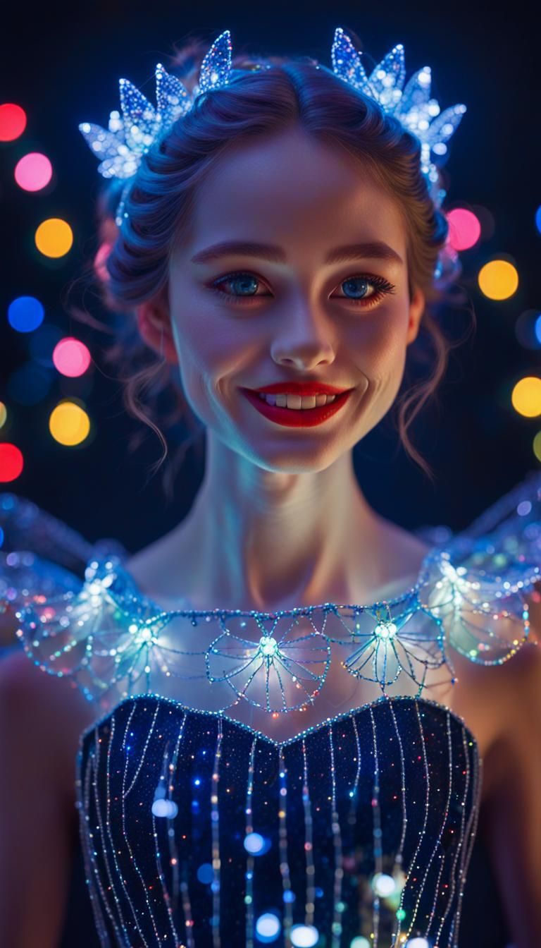 Hologram, bioluminescent dress made of bright glowing colorful fairy lights, moonlit night background, neon glow. Delica...