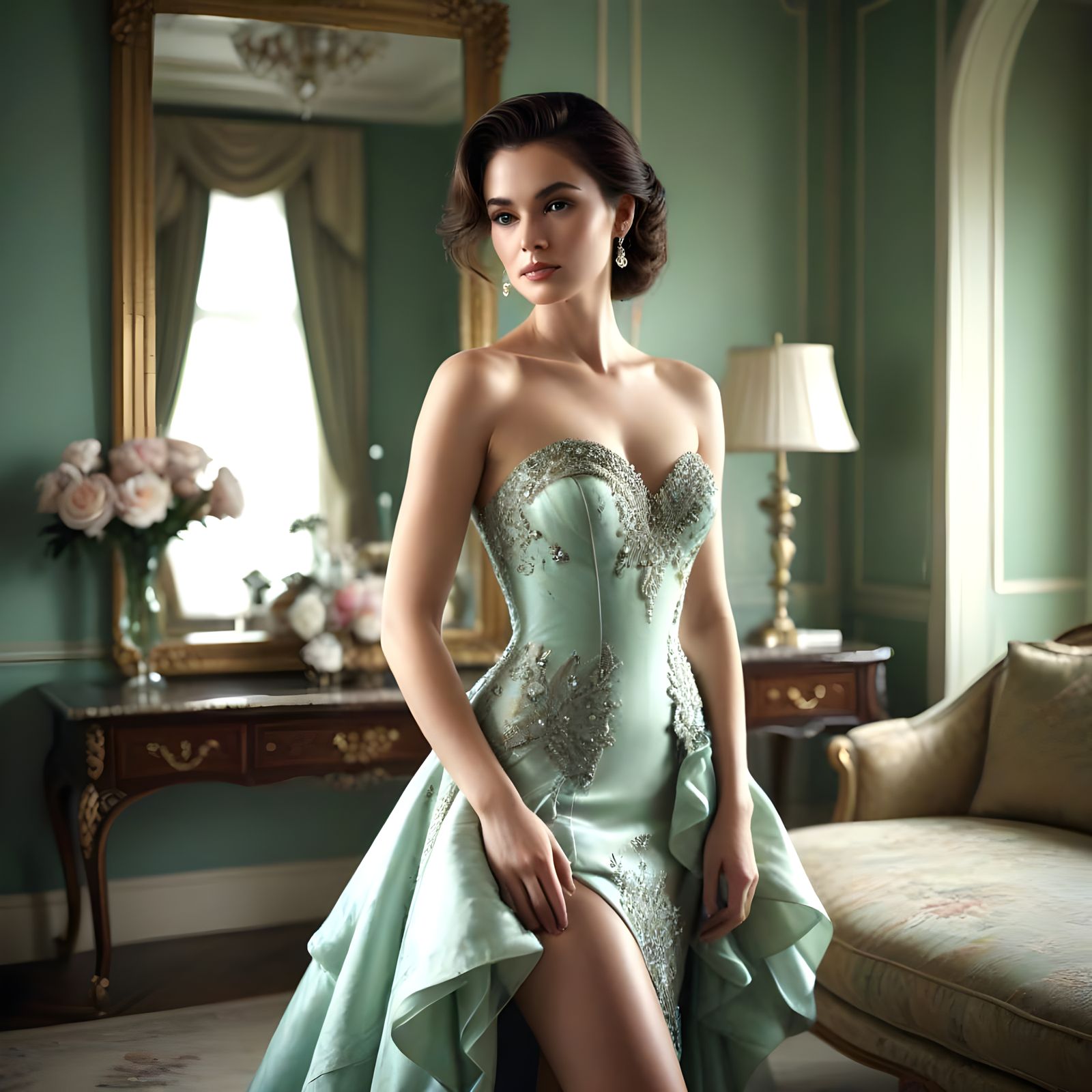 Elegant Woman in Black Dress in Hotel Suite