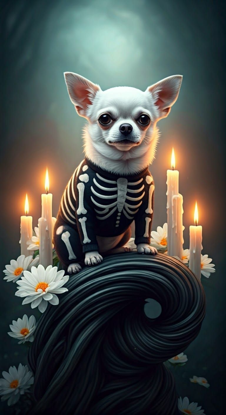 Whimsical Day of the Dead Scene with Chubby Chihuahua in Fel...