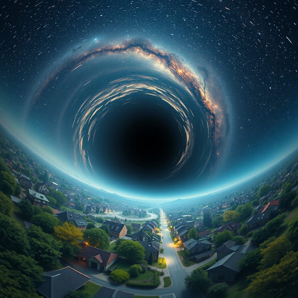 Town Distorted by Black Hole Sky in Fisheye View