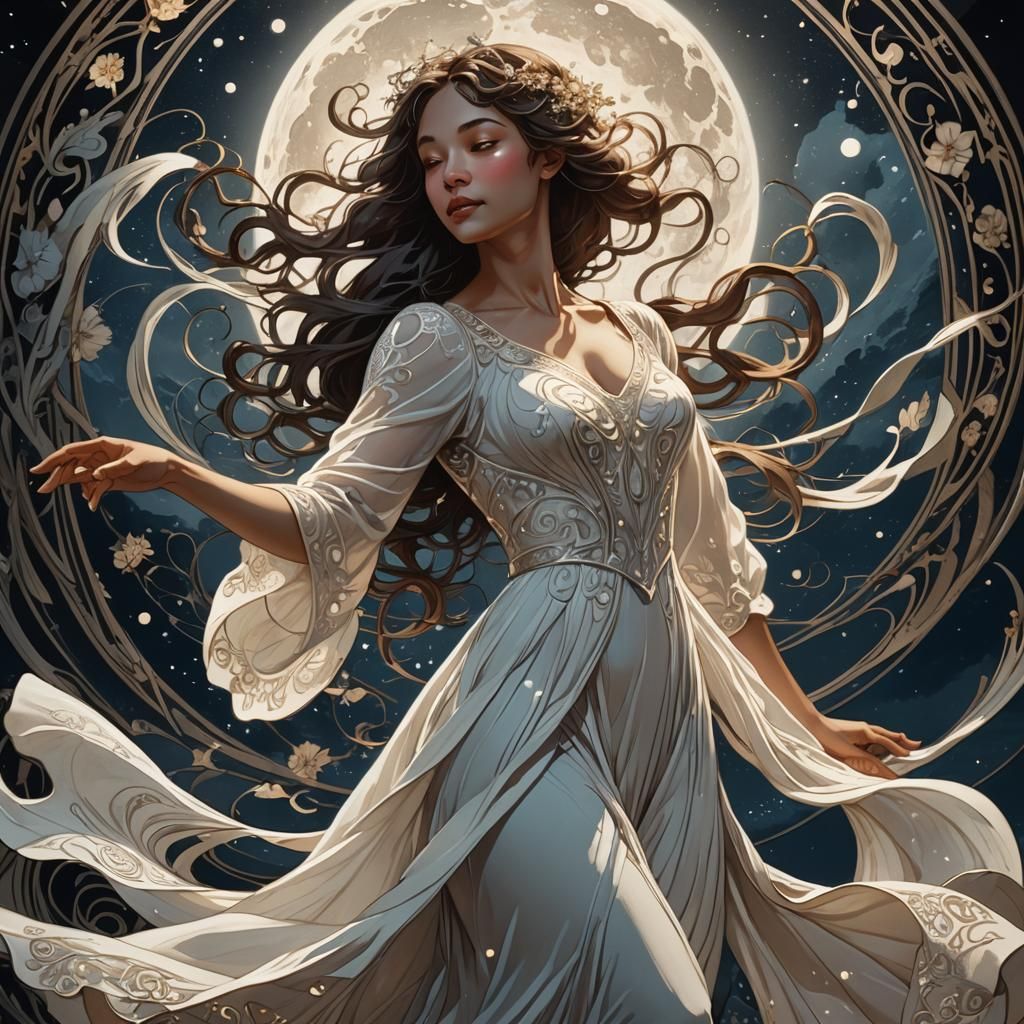 Woman Dancing in Moonlight, Art Nouveau Style