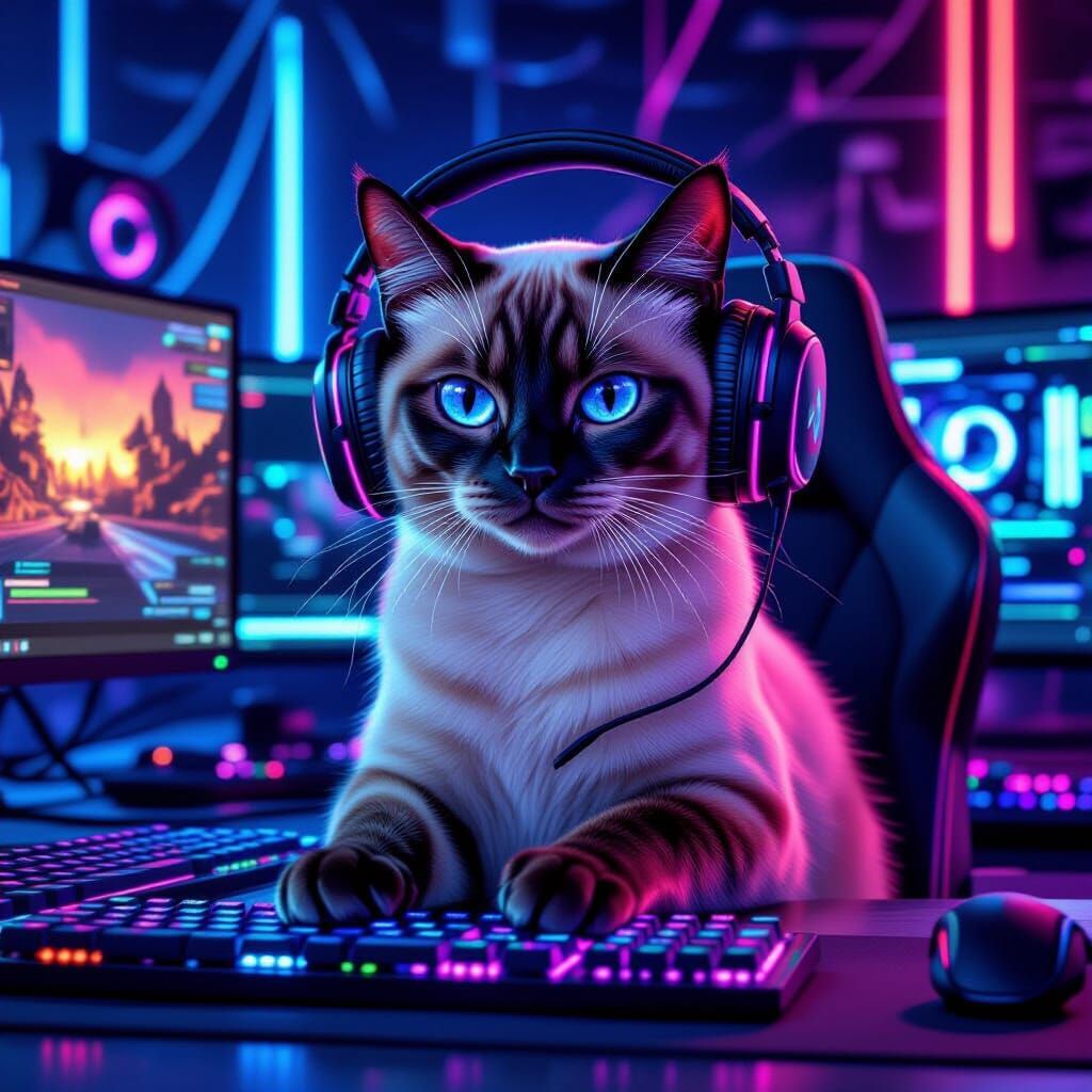 Siamese Cat Gamer in Cyberpunk Digital Art Style