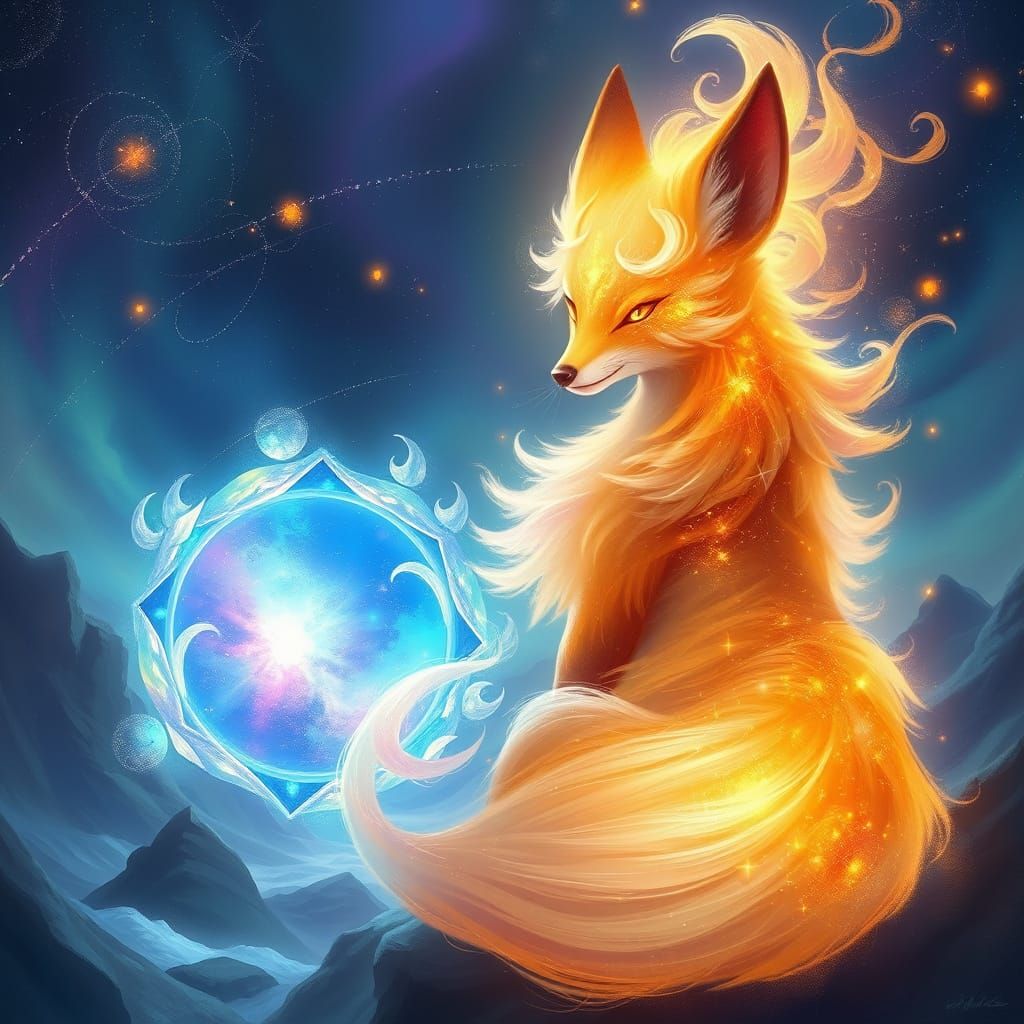 Celestial Fox Spirit Guards Cosmic Portal in Ethereal Fantas...