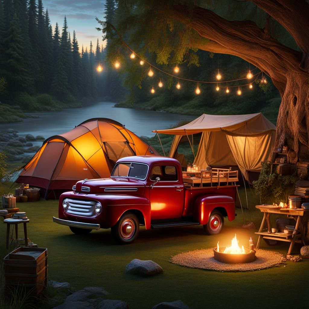 Enchanted Forest Camping Scene with Vintage Truck