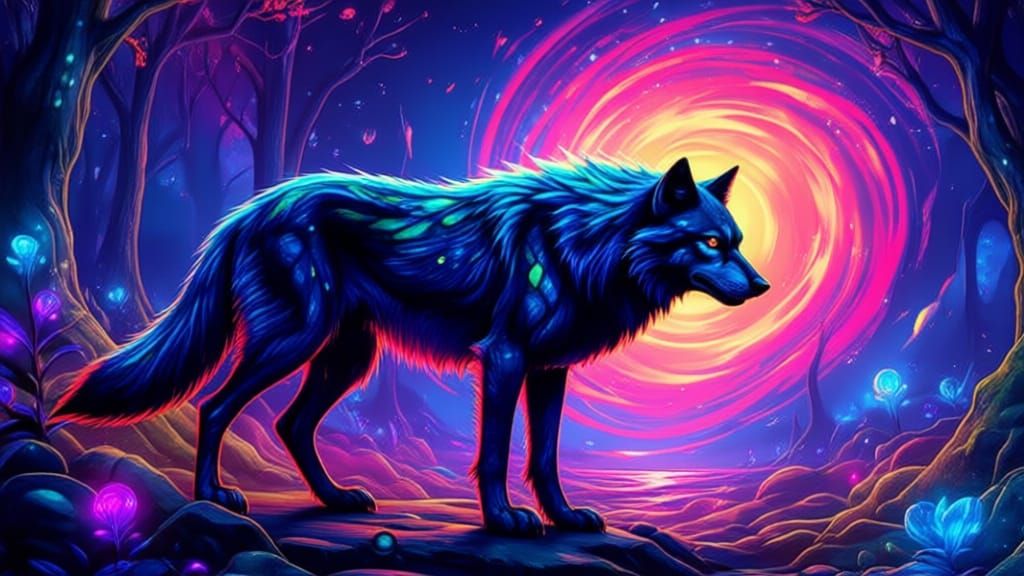 Bioluminescent Wolf in Mystical Forest Portal