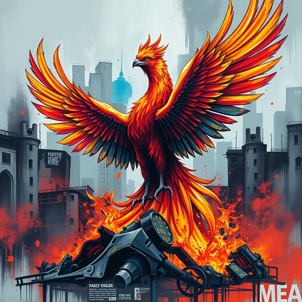 Phoenix Rising in Urban Graffiti Art Style