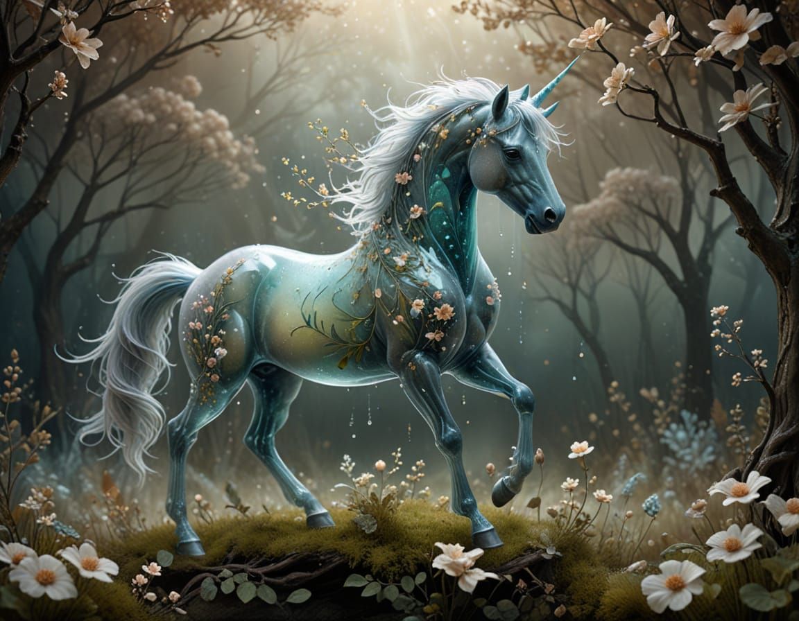 Transparent Dream Unicorn in Surreal Floral Landscape