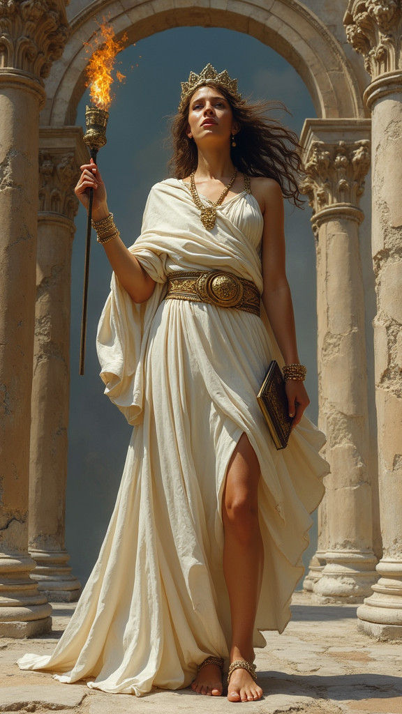 Defiant Woman with Torch in Ancient Cityscape