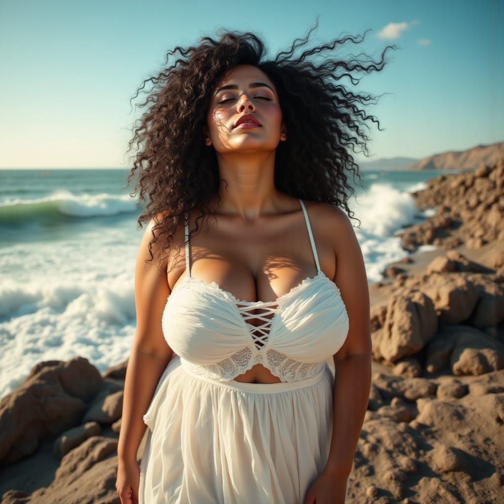 Sultry Beauty Embracing Ocean Breeze