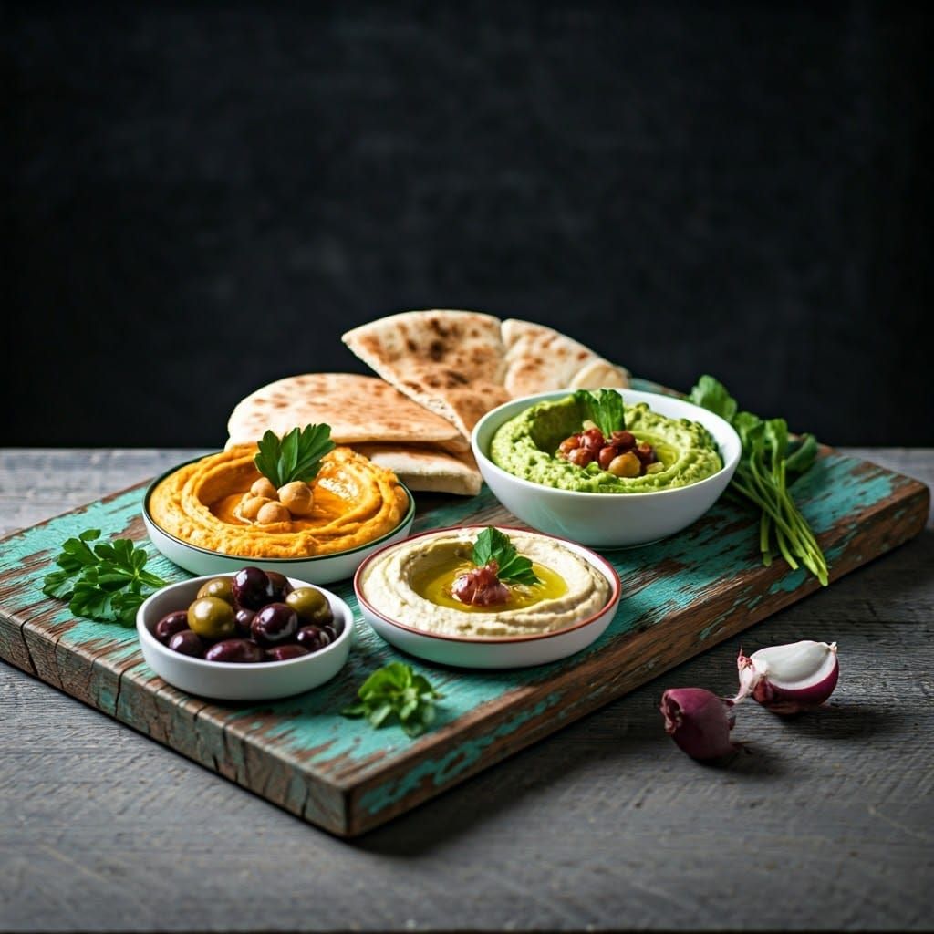 Vibrant Mediterranean Mezze Spread in Artistic Arrangement