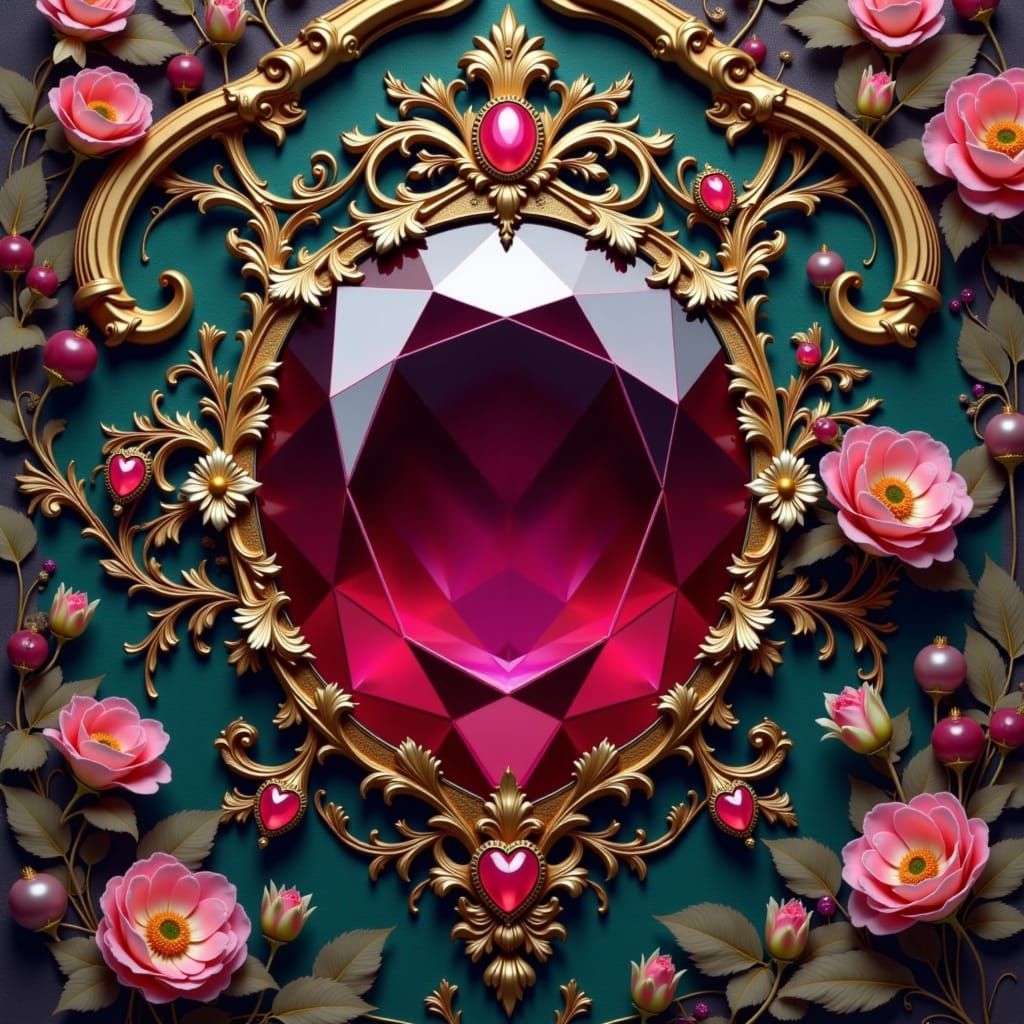 Ornate Ruby Gem in Alphonse Mucha Style