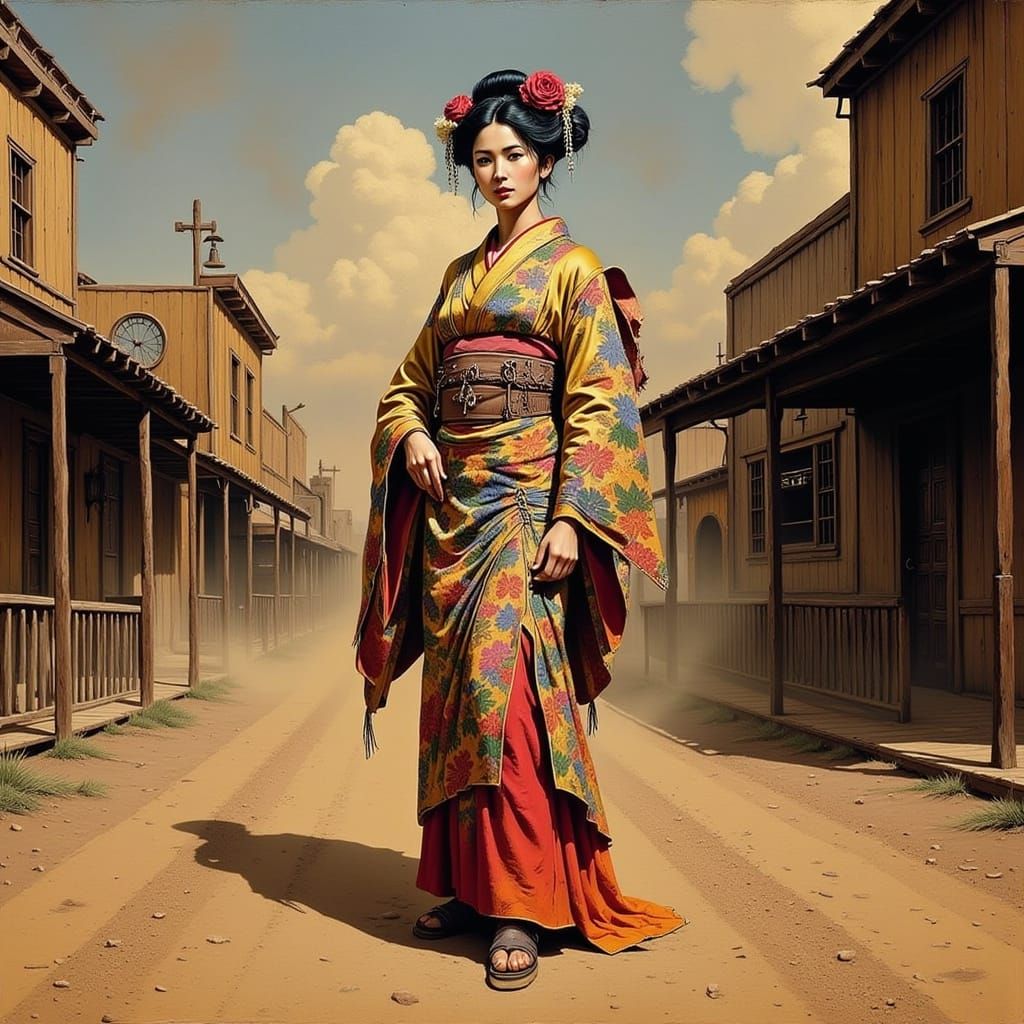 Elegant Geisha in Old West Landscape