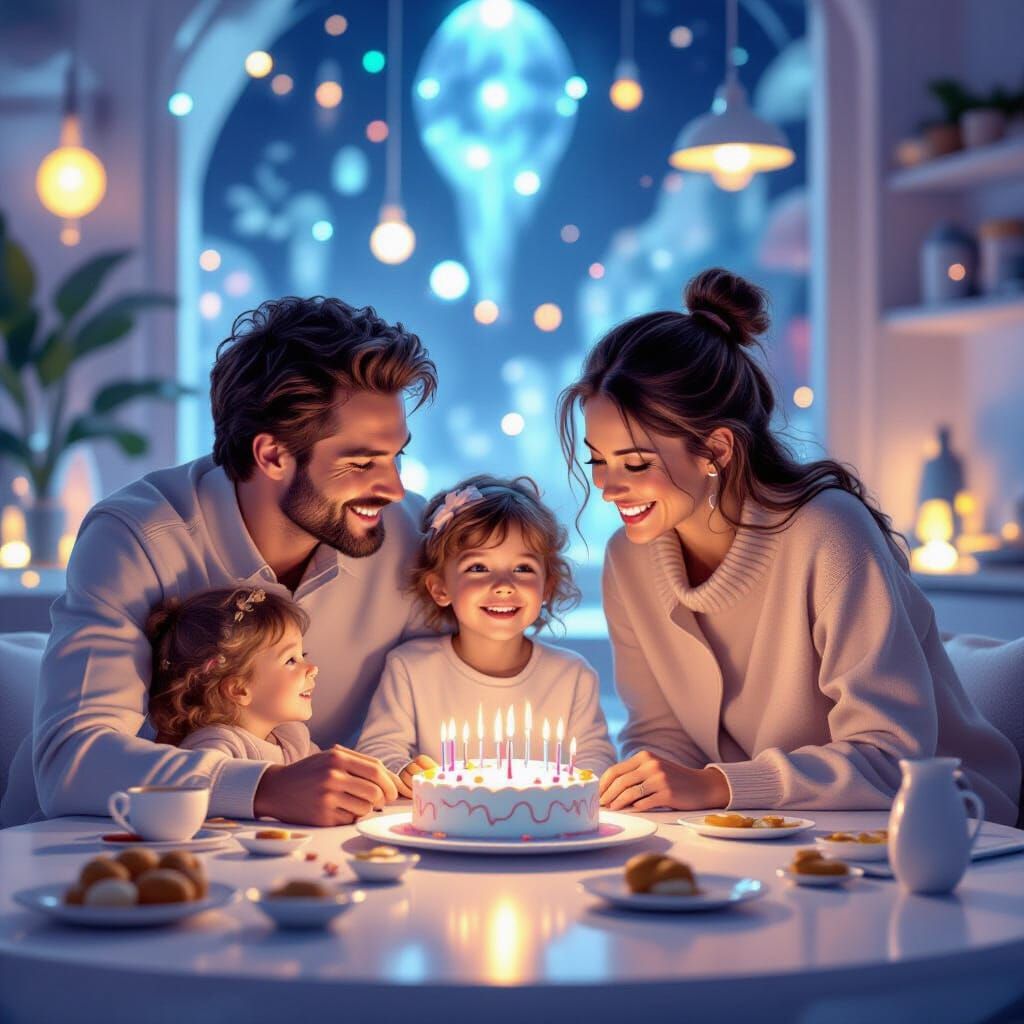 Futuristic Family Birthday Party in Soft Digital Painting St...