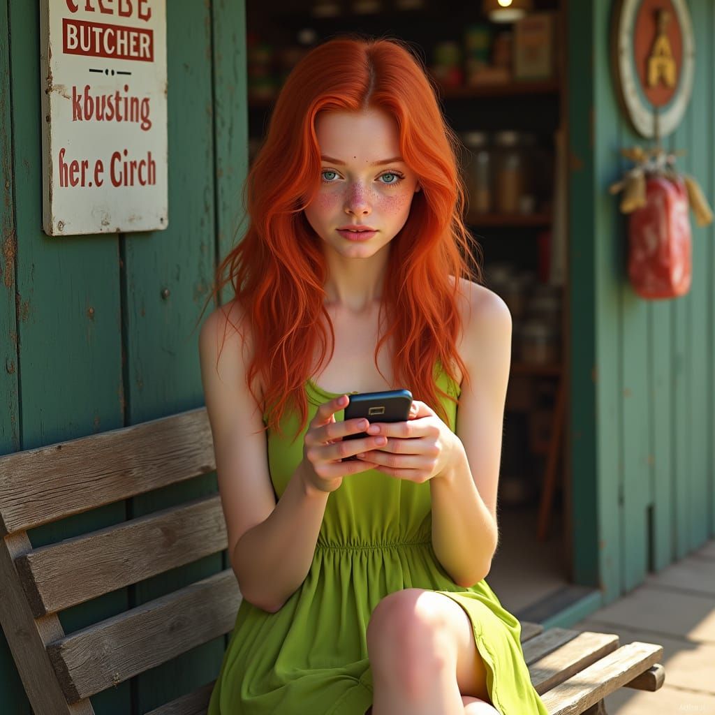 Vibrant Red-Headed Teen Girl Sits on Weathered Bench