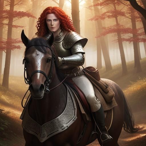 Red-Haired Woman on Horse in Autumn Forest