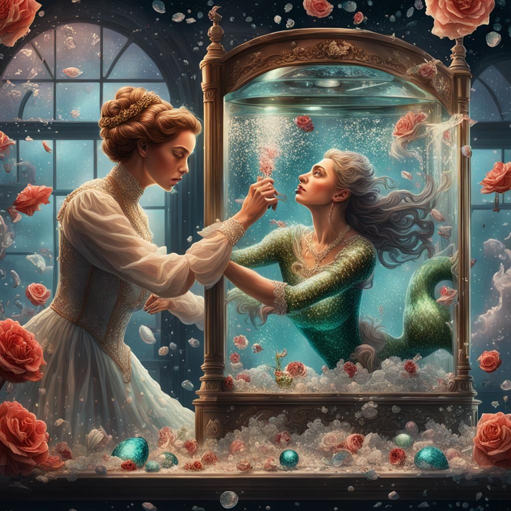 Victorian Woman Rescues Mermaid: Hyperrealistic Splash Art