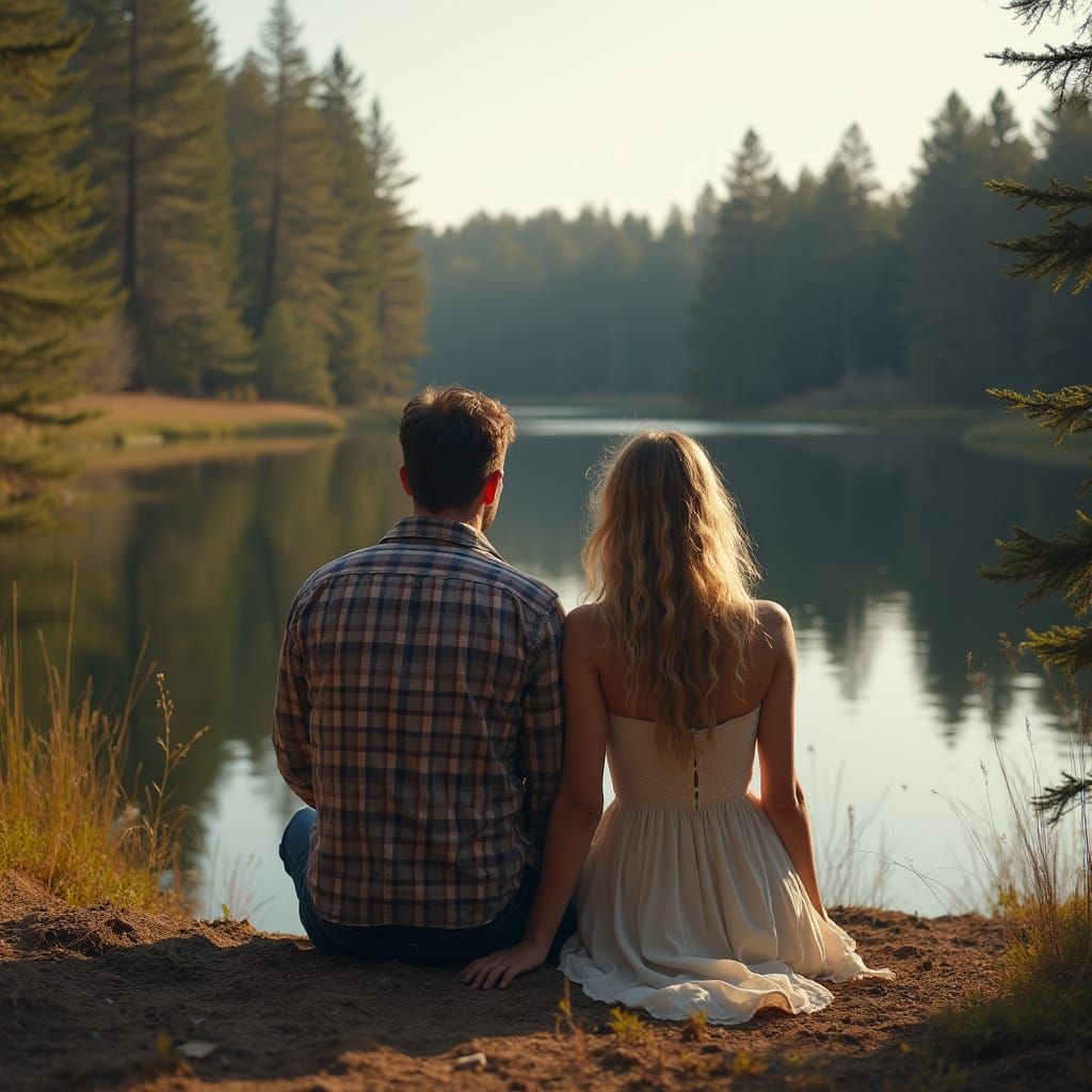 Couple at Forest Lake in Earthy Concept Art Style