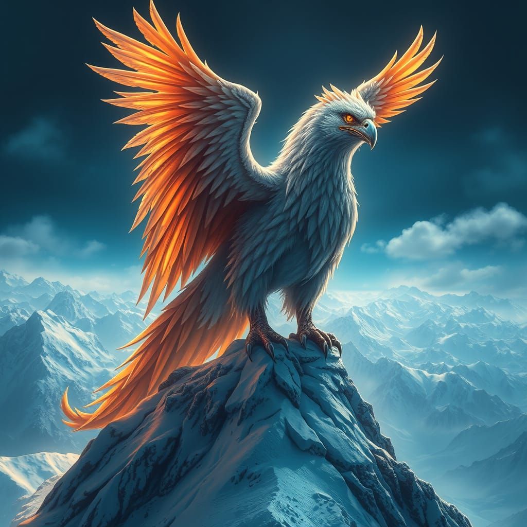 Iridescent Griffin Perched Atop Snowy Peak