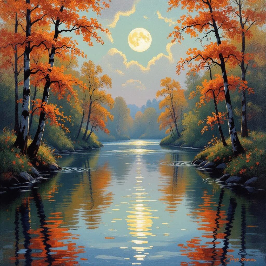 Serene River Reflecting Moonlight, Autumn Foliage