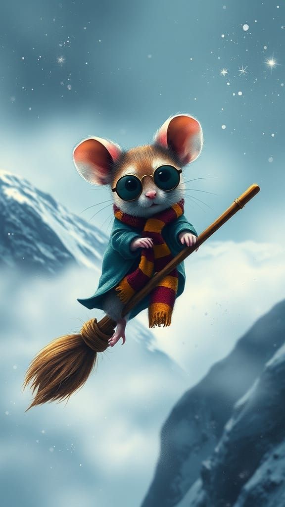 Mouse on Broomstick in Snowy Graffiti Landscape