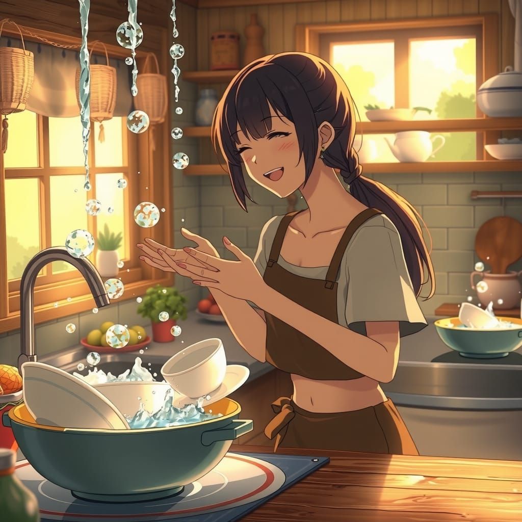 Woman Directs Self-Scrubbing Dishes in Enchanted Kitchen