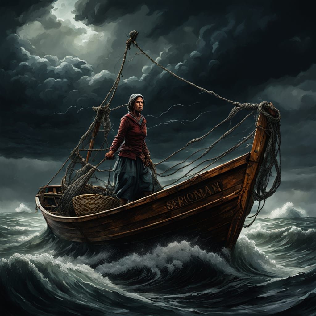 Fisherwoman and Approaching Storm in Dark Fantasy Style