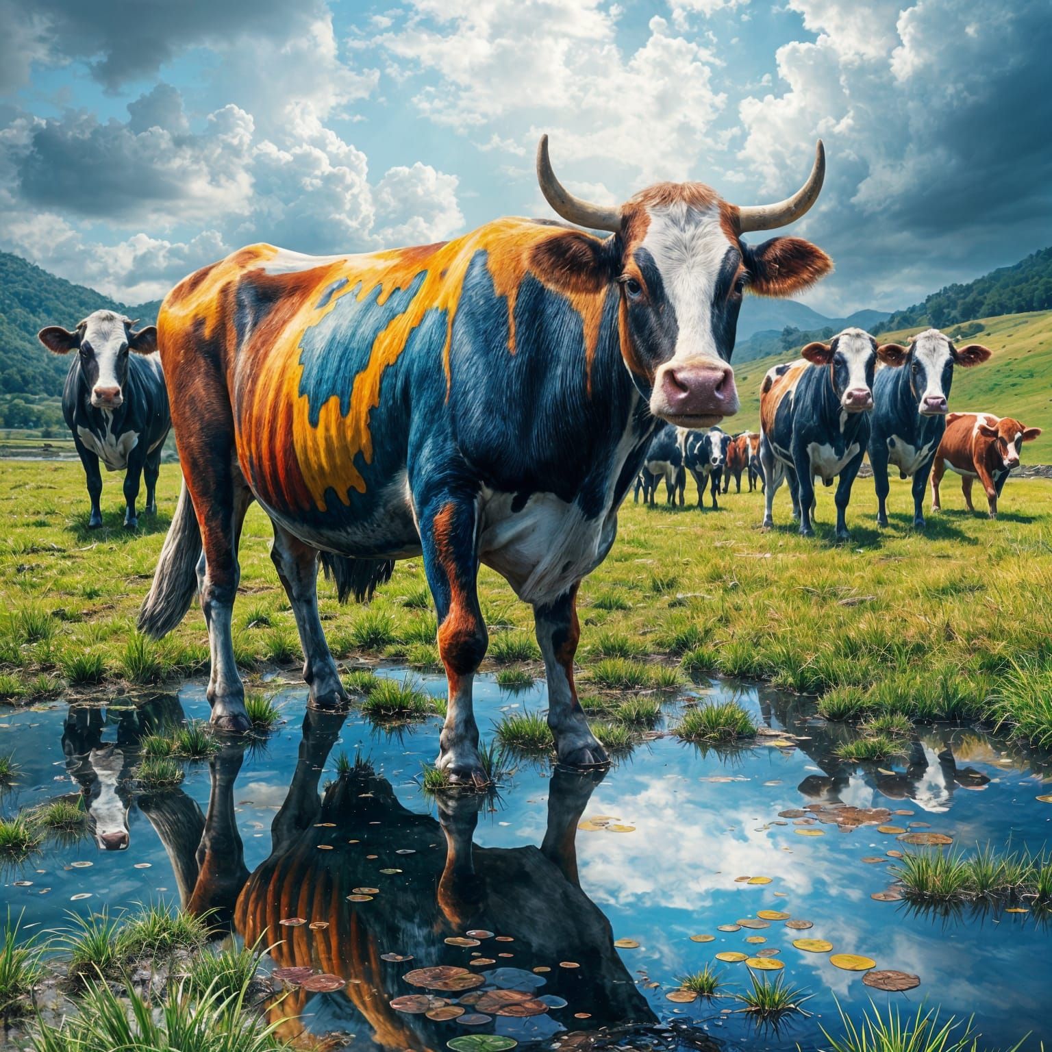 Colorful Dripping Cow in Hyperrealistic Style