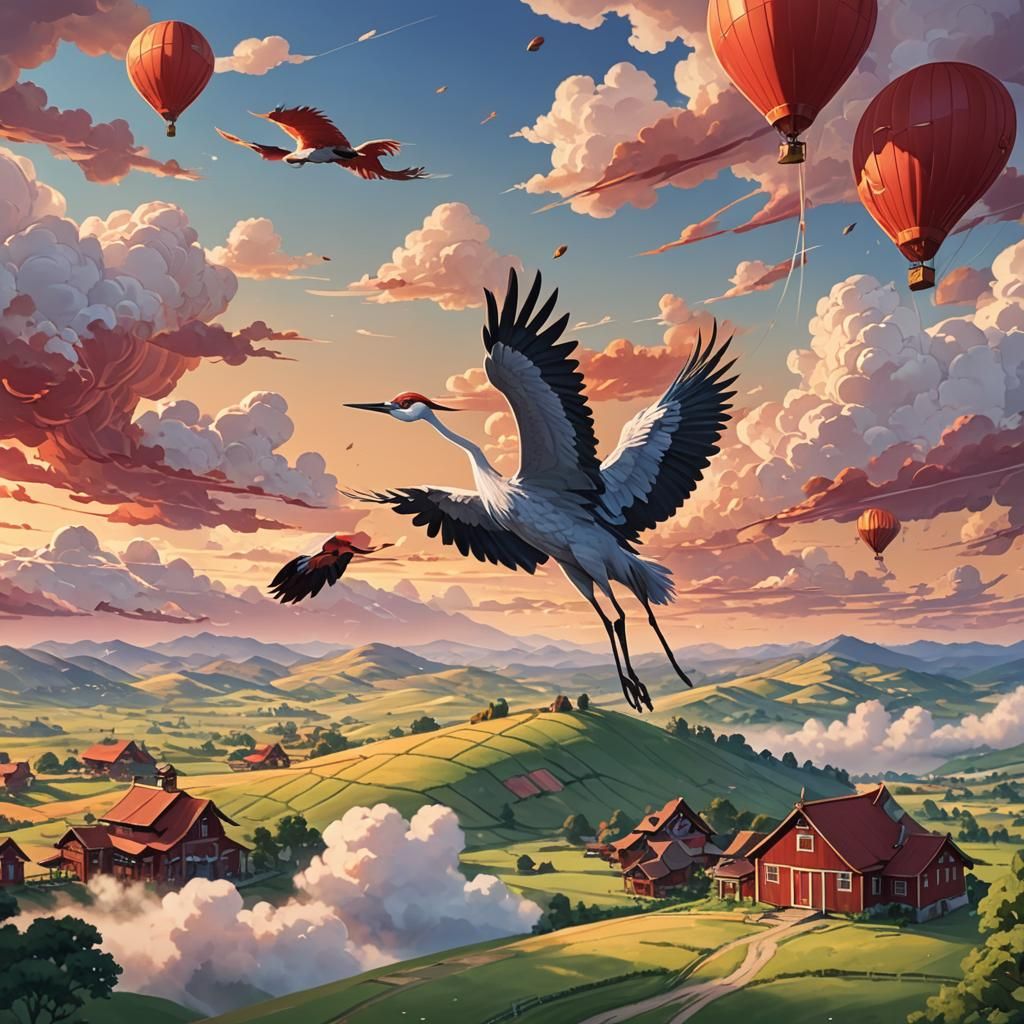 Crane Soaring Over Farm Hills in Anime Style