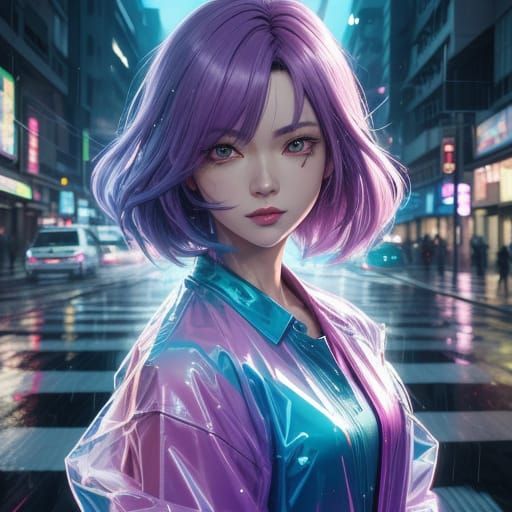 Elegant Woman in Pastel Raincoat, Inspired by 90s Anime