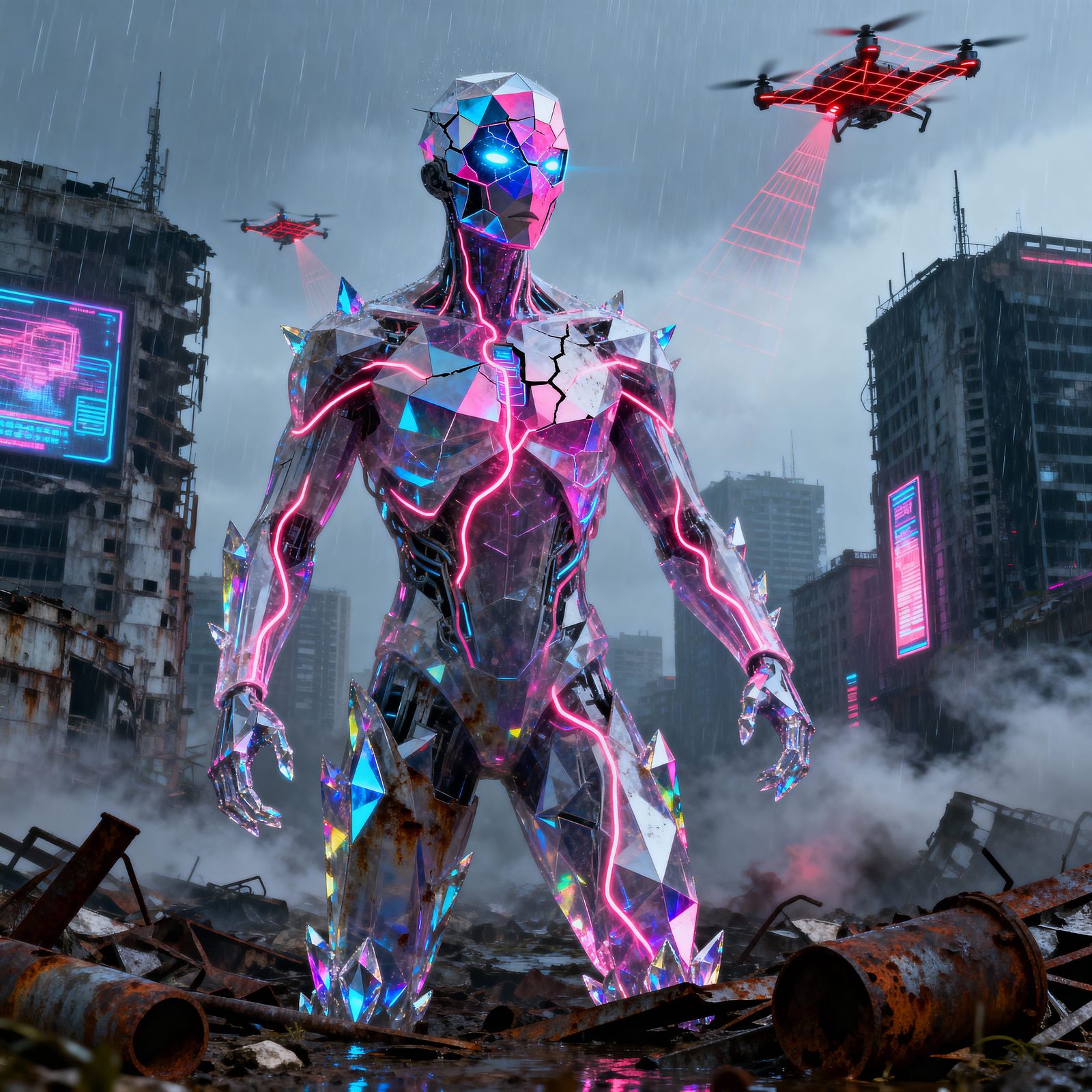 Cyberpunk Figure With Fractal Face and Neon Veins