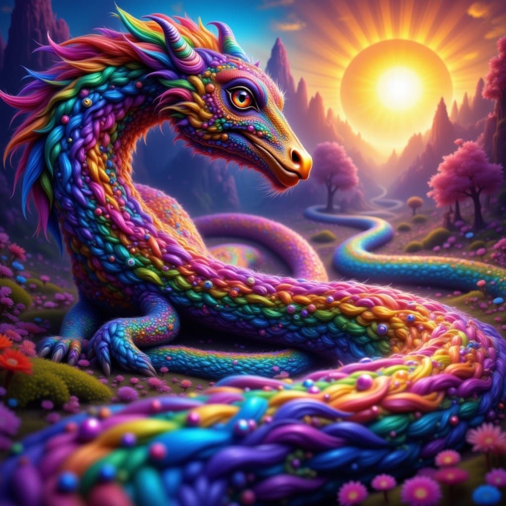 Dragon with Rainbow Braids in Surreal Dreamscape