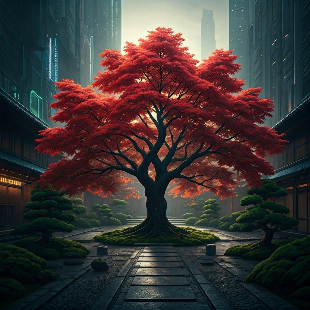 Japanese Maple in Cyberpunk Garden Ambiance