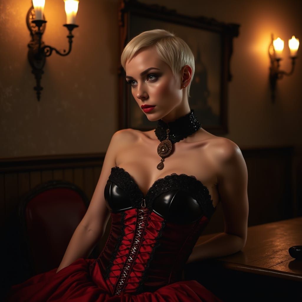 Gothic Pixie Goddess in Dimly Lit Tavern