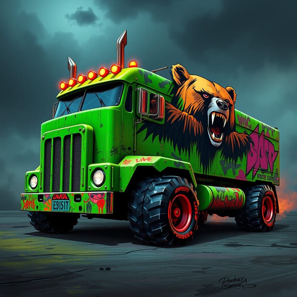 Graffiti Bear Monster Truck in Neon Florescent Green with Wo...