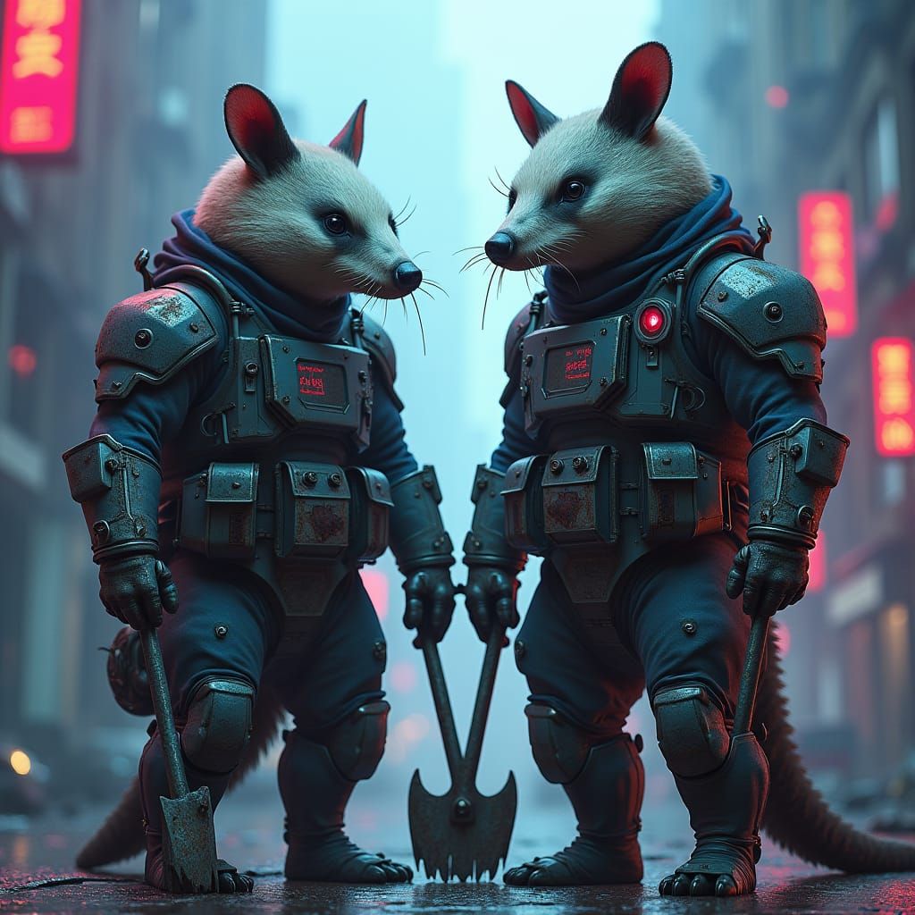 Cyberpunk Badgers in Dystopian Cityscape