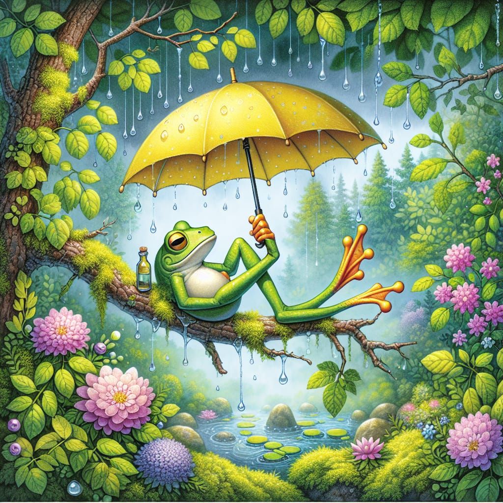 Frog Under Umbrella in Rainy Forest Scene