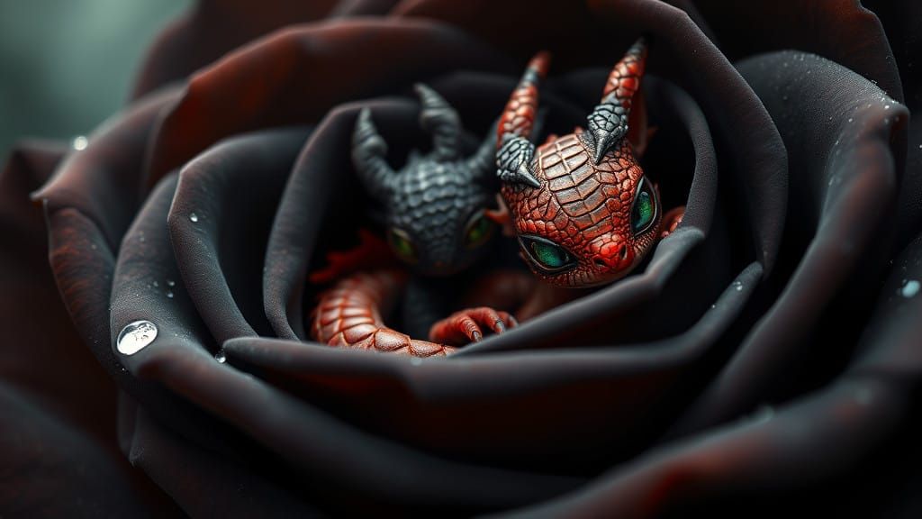 Whimsical Fantasy Baby Dragon in a Black Rose
