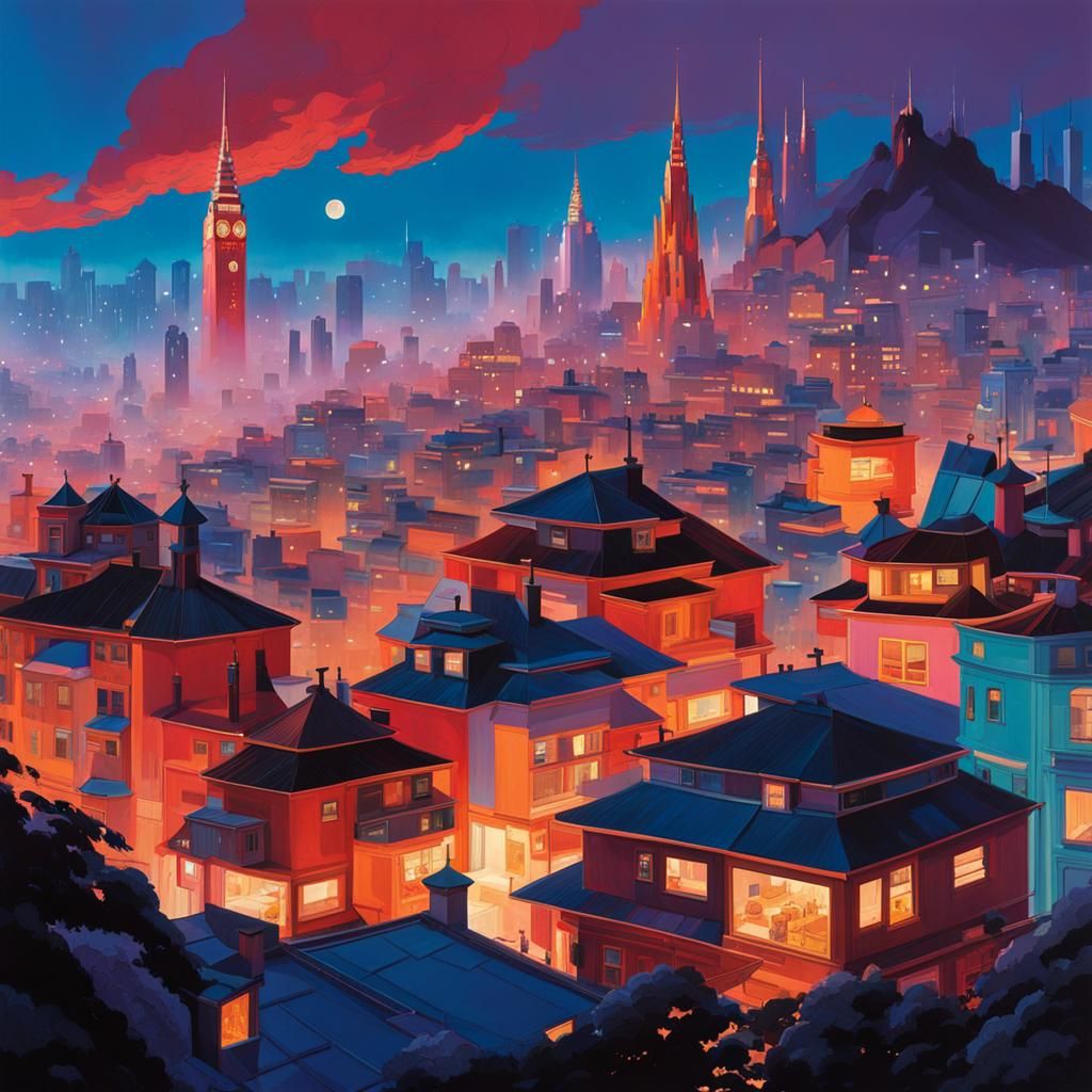 Surreal Metropolis at Dusk in Dreamy Mist