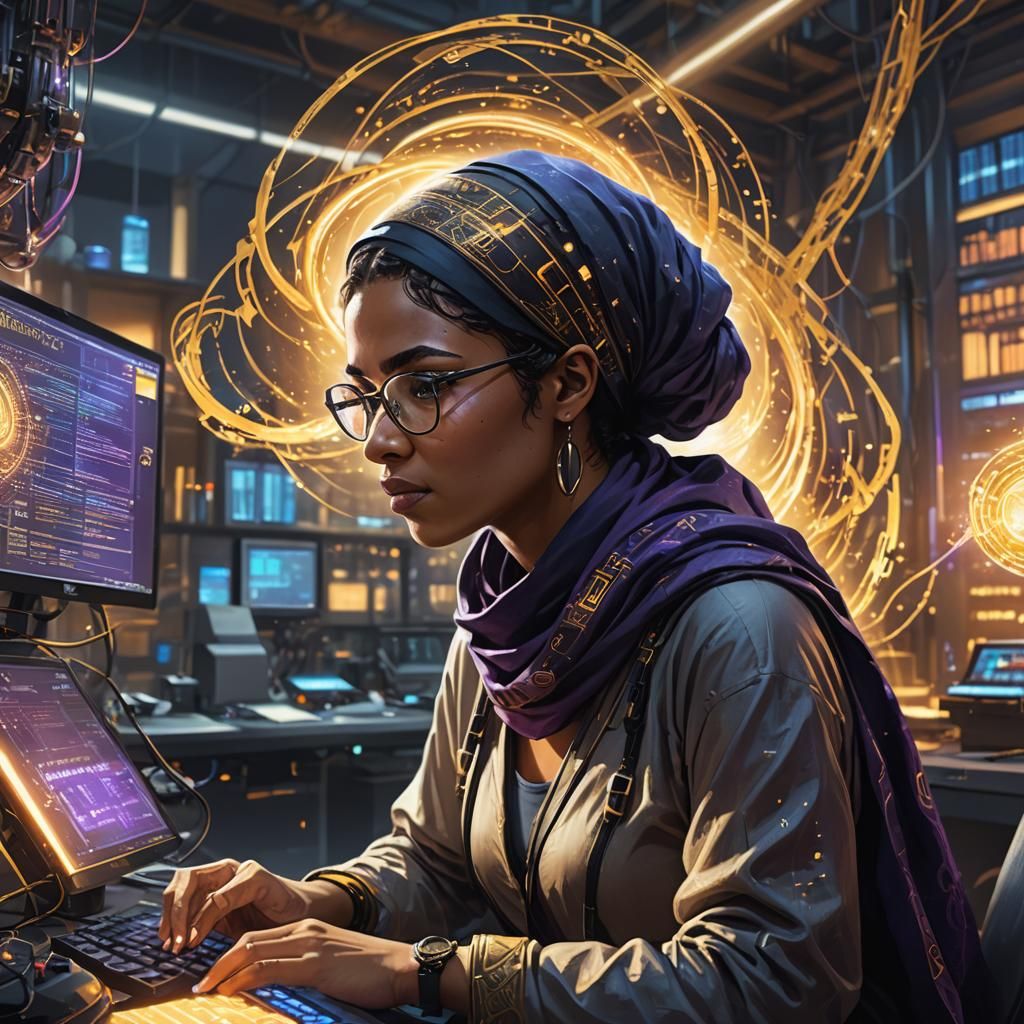 Woman Coding with Fantasy Elements in Unreal Engine 5