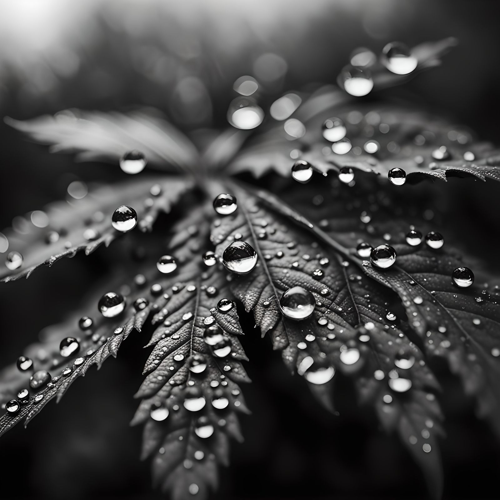 Marijuana Leaf with Dew Drops: Black and White Portrait