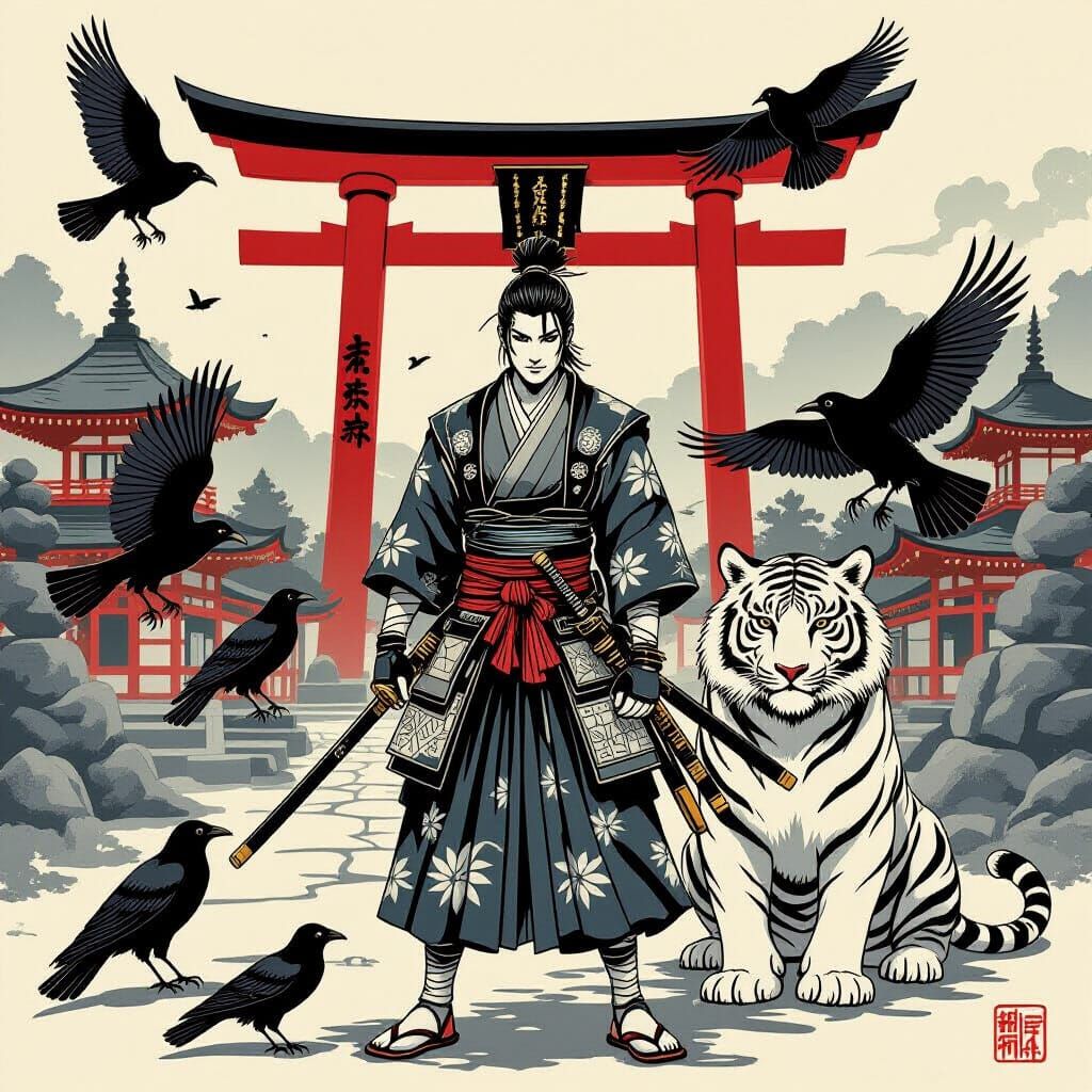 Shinobi Warrior with White Tiger in Japanese Tattoo Art