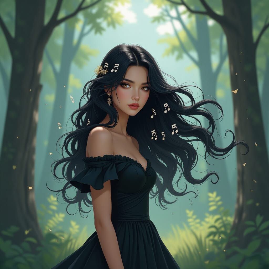 Woman With Musical Note Hair in Minimalist Forest