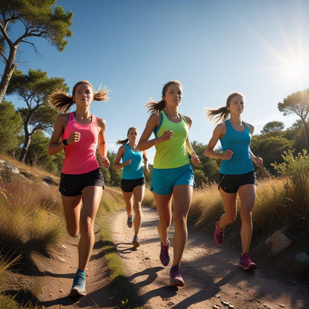 Women Cross-Country Running in Vivid Digital Art